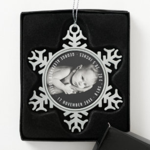 Baby's First Christmas Circle Typography Photo Snowflake Pewter Christmas Ornament