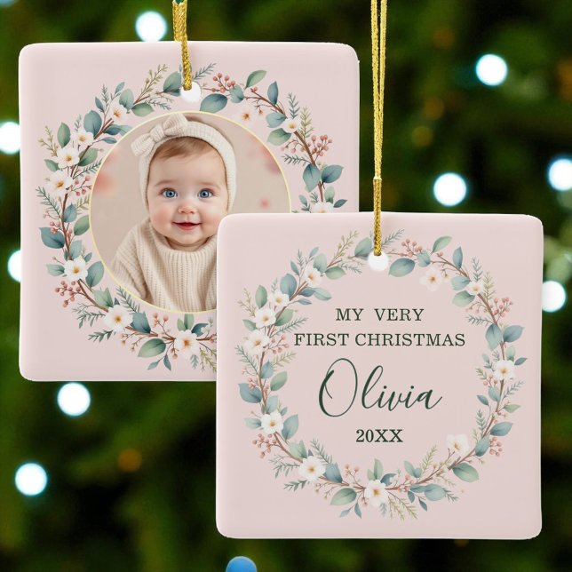 Baby's First Christmas Classic Floral Frame Pink  Ceramic Ornament (Creator Uploaded)