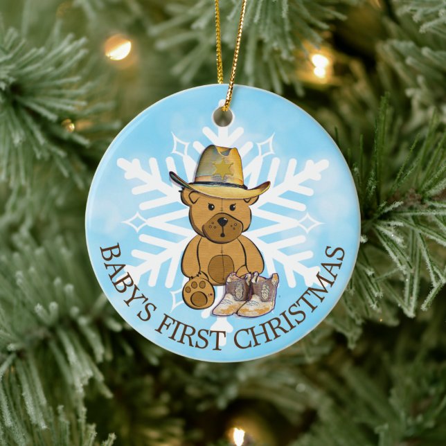 Baby's First Christmas Cowboy and Teddy Bear Ceramic Ornament (Tree)