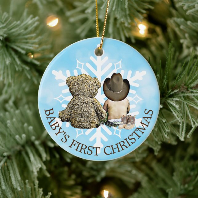 Baby's First Christmas Cowboy and Teddy Bear Ceramic Ornament (Tree)