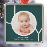 Baby's First Christmas Custom Green Photo Metal Ornament<br><div class="desc">This stylish keepsake Baby's First Christmas Photo Ornament is decorated with the word JOY in white typography on a green background.
Easily customizable with your photo,  name,  and year.</div>
