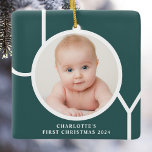 Baby's First Christmas Custom Keepsake Photo Green Ceramic Ornament<br><div class="desc">This stylish keepsake Baby's First Christmas Photo Ornament is decorated with the word JOY in white typography on a green background.
Easily customizable with your photo,  name,  and year.</div>