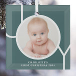 Baby's First Christmas Custom Keepsake Photo Green Glass Ornament<br><div class="desc">This stylish keepsake Baby's First Christmas Photo Ornament is decorated with the word JOY in white typography on a green background.
Easily customizable with your photo,  name,  and year.</div>