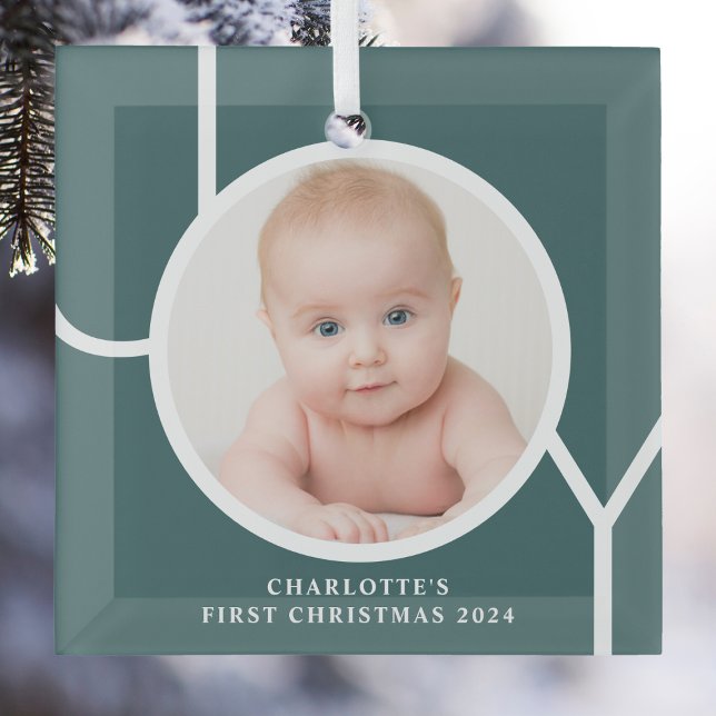 Baby's First Christmas Custom Keepsake Photo Green Glass Ornament (Creator Uploaded)
