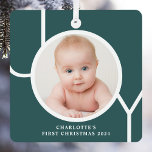 Baby's First Christmas Custom Keepsake Photo Green Metal Ornament<br><div class="desc">This stylish keepsake Baby's First Christmas Photo Ornament is decorated with the word JOY in white typography on a green background.
Easily customizable with your photo,  name,  and year.</div>