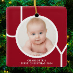 Baby's First Christmas Custom Keepsake Photo Red Ceramic Ornament<br><div class="desc">This stylish keepsake Baby's First Christmas Photo Ornament is decorated with the word JOY in white typography on a red background.
Easily customizable with your photo,  name,  and year.</div>