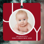 Baby's First Christmas Custom Keepsake Photo Red Metal Ornament<br><div class="desc">This stylish keepsake Baby's First Christmas Photo Ornament is decorated with the word JOY in white typography on a red background.
Easily customizable with your photo,  name,  and year.</div>