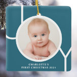 Baby's First Christmas Custom Keepsake Photo Teal Ceramic Ornament<br><div class="desc">This stylish keepsake Baby's First Christmas Photo Ornament is decorated with the word JOY in white typography on a teal blue background.
Easily customizable with your photo,  name,  and year.</div>