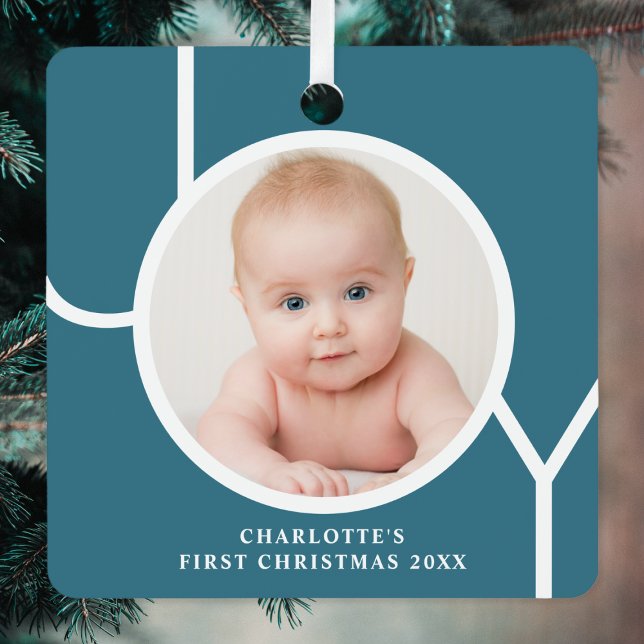 Baby's First Christmas Custom Keepsake Photo Teal Metal Ornament (Creator Uploaded)