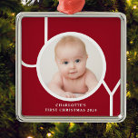 Baby's First Christmas Custom Keepsake Red Photo  Metal Ornament<br><div class="desc">This stylish keepsake Baby's First Christmas Photo Ornament is decorated with the word JOY in white typography on a red background.
Easily customizable with your photo,  name,  and year.</div>