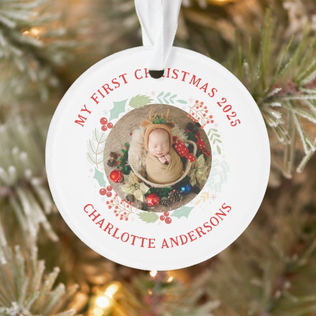 Baby's First Christmas Custom Name 2 Photo Ornament (Tree)
