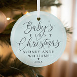 Baby's First Christmas Custom Name Blue Keepsake Glass Ornament<br><div class="desc">Special keepsake ornament to commemorate baby's first Christmas. Design features a simple minimal design with "Baby's First Christmas" displayed in elegant script and serif text pairing. Personalize with the baby's name and the year. A simple white border and background colour can easily be changed by clicking on details and editing...</div>