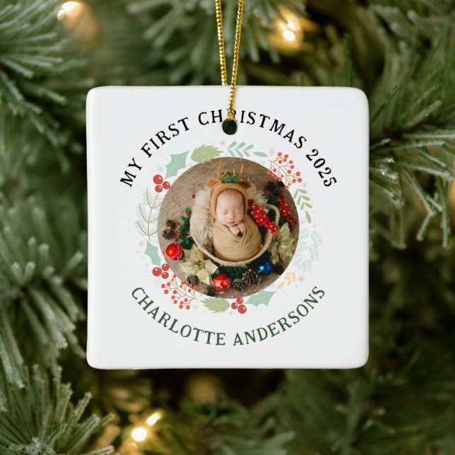 Baby's First Christmas Custom Name Ceramic Ornament (Tree)