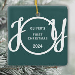 Baby's First Christmas Custom Name Green Keepsake Ceramic Ornament<br><div class="desc">This keepsake Baby's First Christmas Ornament is decorated with the word JOY in stylish script typography on a green background.
Easily customizable.</div>