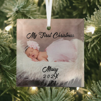 Baby's First Christmas Custom Name Keepsake Photo Glass Ornament