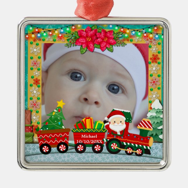 Baby's First Christmas Custom Name Photo Keepsake Metal Ornament (Front)