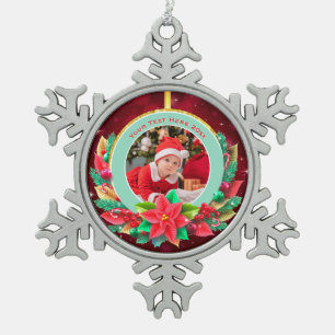 Baby's First Christmas Custom Name Photo Keepsake Snowflake Pewter Christmas Ornament