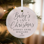 Baby's First Christmas Custom Name Pink Keepsake Glass Ornament<br><div class="desc">Special keepsake ornament to commemorate baby's first Christmas. Design features a simple minimal design with "Baby's First Christmas" displayed in elegant script and serif text pairing. Personalize with the baby's name and the year. A simple white border and background colour can easily be changed by clicking on details and editing...</div>