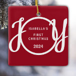 Baby's First Christmas Custom Name Red Keepsake Ce Ceramic Ornament<br><div class="desc">This keepsake Baby's First Christmas Ornament is decorated with the word JOY in stylish script typography on a red background.
Easily customizable.</div>
