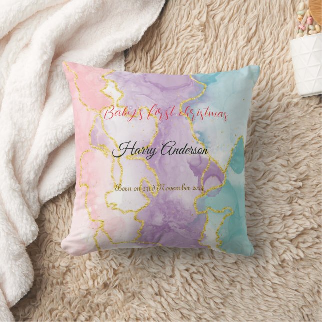 Baby's first Christmas custom photo behind Throw Pillow (Blanket)