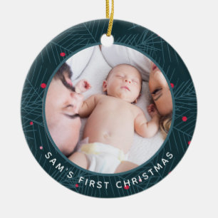 Baby's First Christmas Custom Photo Modern Spruce Ceramic Ornament