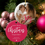Baby's First Christmas custom photo pink joy heart Ceramic Ornament<br><div class="desc">Upload your favourite photo (preferably square),  insert your text,  name,  and date,  and make these trendy modern pink Christmas tree ornament a keepsake gift to remind you and your little one of your first Christmas together!</div>