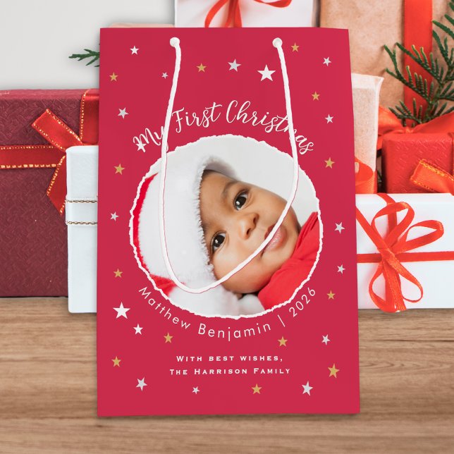 Baby's First Christmas Custom Photo Red Medium Gift Bag (A festive gift bag for baby's first Christmas, with elegant script, custom photo, name, and year)
