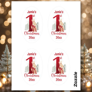 Baby's First Christmas Cute Bunny Number One Oval Sticker
