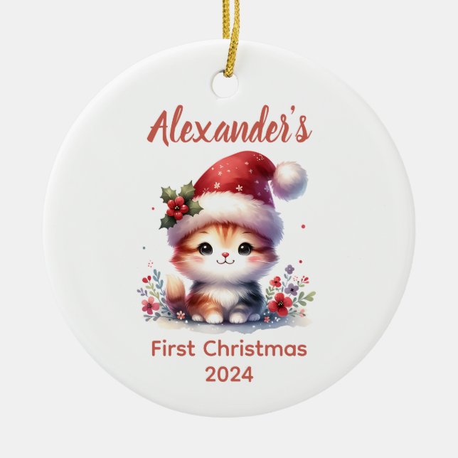 Baby's first Christmas cute cat baby Animal Ceramic Ornament (Front)