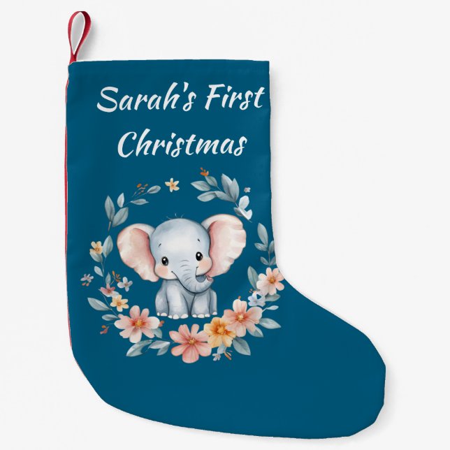 Baby's First Christmas Cute Elemphant Floral  Small Christmas Stocking (Front)