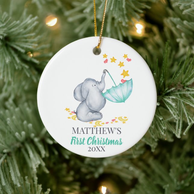Baby's First Christmas Cute Elephant and Stars Ceramic Ornament (Tree)
