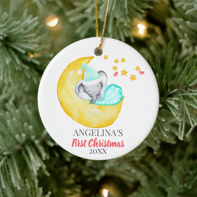 Baby's First Christmas Cute Elephant on Moon Ceramic Ornament (Tree)