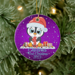 Baby's First Christmas cute penguin Christmas hat  Ceramic Ornament