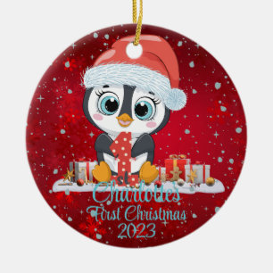 Baby's First Christmas cute penguin Christmas hat Ceramic Ornament