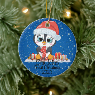 Baby's First Christmas cute penguin Christmas hat Ceramic Ornament