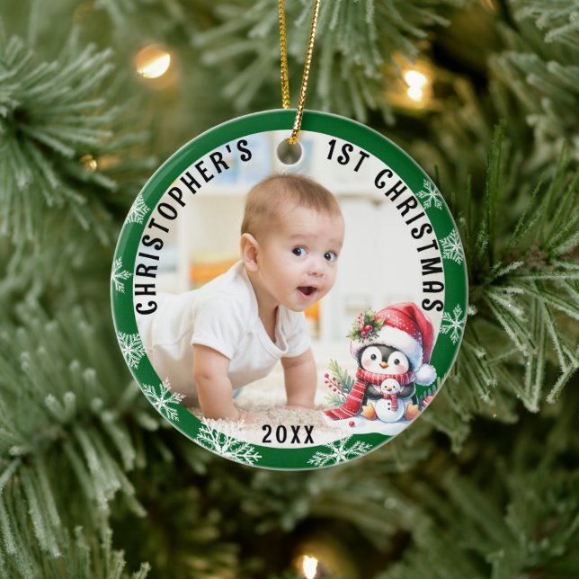 Babys First Christmas Cute Penguin Photo Ceramic Ornament (Tree)
