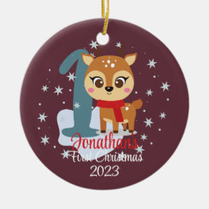 Baby's First Christmas cute reindeer modern colour Ceramic Ornament