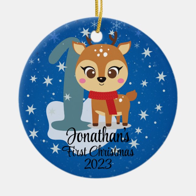 Baby's First Christmas cute reindeer modern colour Ceramic Ornament (Front)