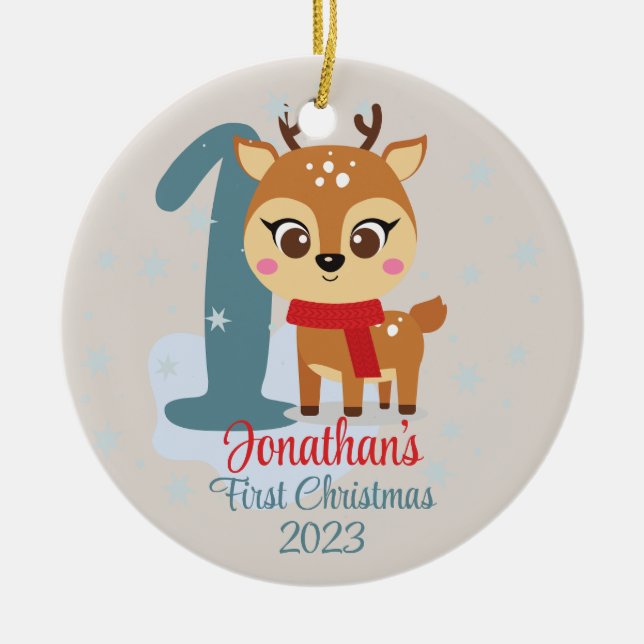 Baby's First Christmas cute reindeer modern colour Ceramic Ornament (Front)