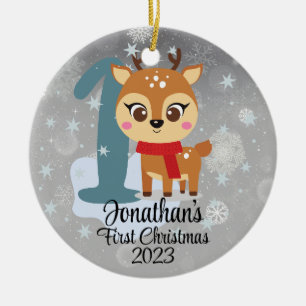Baby's First Christmas cute reindeer modern colour Ceramic Ornament