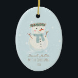 Baby's First Christmas Cute Snowman and Snowflake Ceramic Ornament<br><div class="desc">🎄 Check out our heartwarming Christmas ornament design,  beautifully highlighting a hand-painted watercolor snowman amidst a dance of gentle snowflakes. ❄️⛄🌟</div>
