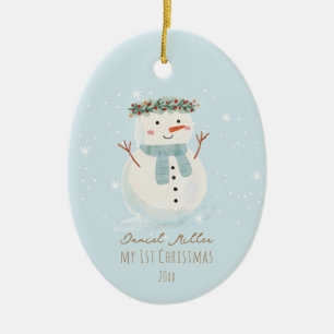 Baby's First Christmas Cute Snowman and Snowflake Ceramic Ornament