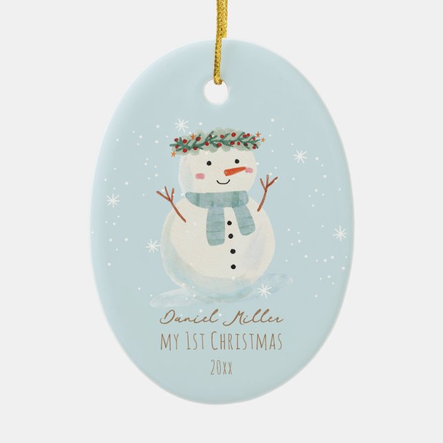 Baby's First Christmas Cute Snowman and Snowflake Ceramic Ornament (Front)