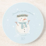 Baby's First Christmas Cute Snowman and Snowflake Coaster<br><div class="desc">Hey there! ☕ Set your mug on this enchanting coaster design, showcasing a lovely hand-painted watercolor snowman playfully surrounded by twirling snowflakes. Plus, there's a special spot just for you to add your baby boy's name. It's the perfect keepsake for his inaugural festive season or any little chap who's fond...</div>