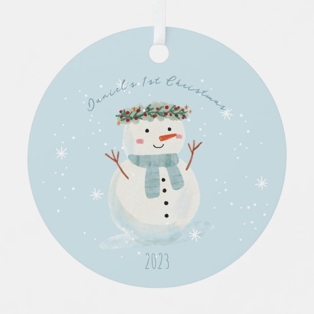 Baby's First Christmas Cute Snowman and Snowflake Metal Ornament (Front)