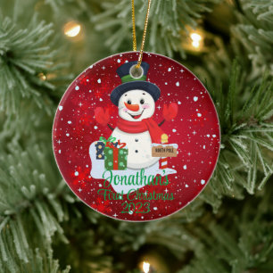 Baby's First Christmas cute snowman black hat Ceramic Ornament