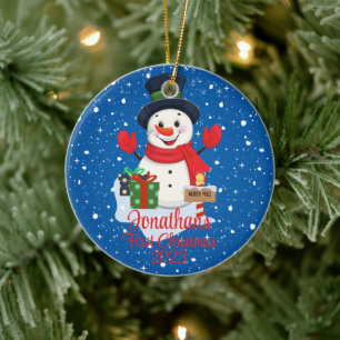 Baby's First Christmas cute snowman black hat  Ceramic Ornament