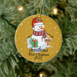 Baby's First Christmas cute snowman modern colour Ceramic Ornament<br><div class="desc">A whimsical Christmas tree ornament featuring an adorable snowman surrounded by delicate snowflakes. Customize it with your child's name and the year for a personalized touch that captures the joy of the season.
Use the "Personalize" button to customize to your liking</div>
