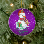 Baby's First Christmas cute snowman modern colour Ceramic Ornament<br><div class="desc">A whimsical Christmas tree ornament featuring an adorable snowman surrounded by delicate snowflakes. Customize it with your child's name and the year for a personalized touch that captures the joy of the season.
Use the "Personalize" button to customize to your liking.</div>