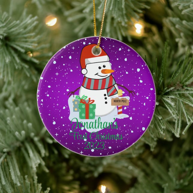 Baby's First Christmas cute snowman modern colour Ceramic Ornament (Tree)